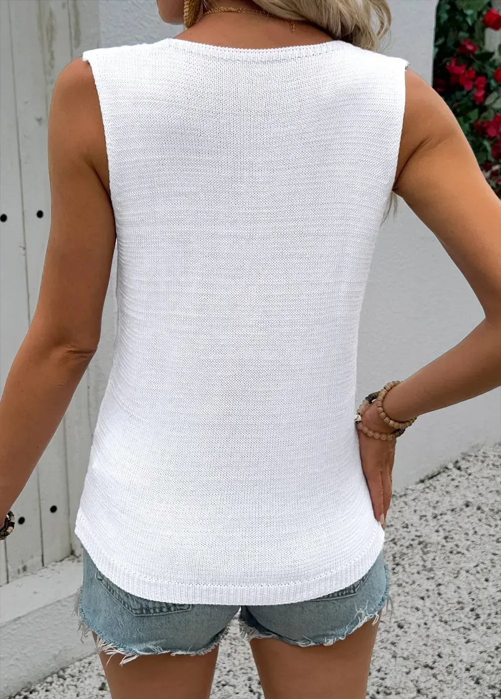 White Sleeveless V Neck Tank Top