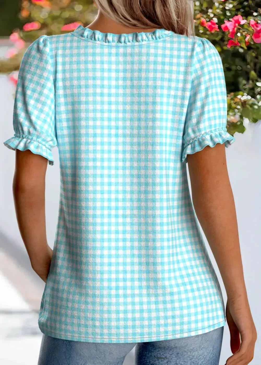 Blue Plaid Short Sleeve Square Neck Blouse