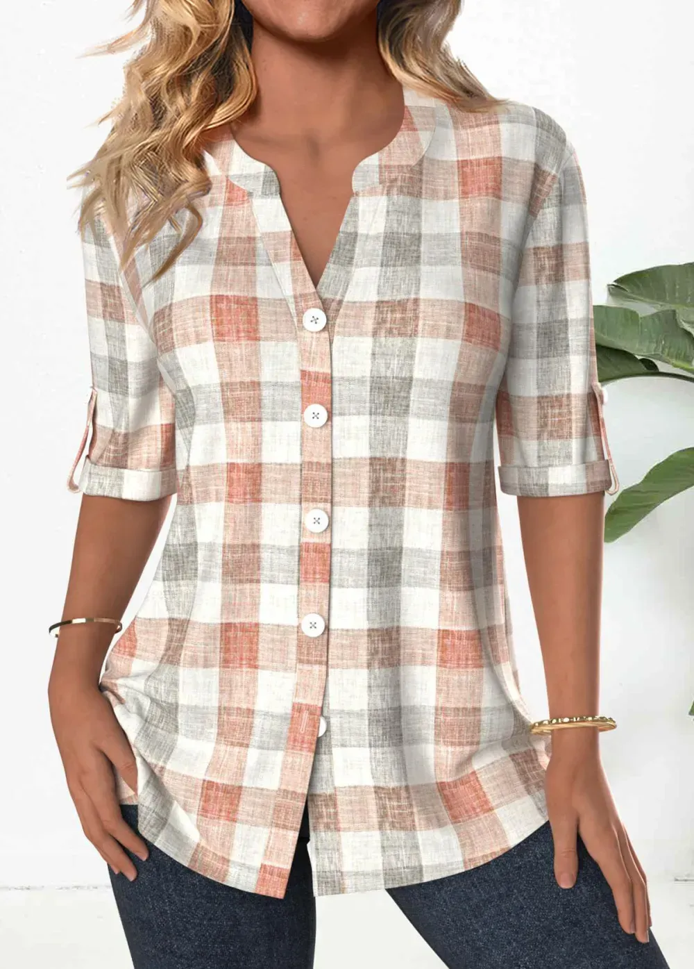 Orange Button Plaid 3/4 Sleeve Split Neck Blouse