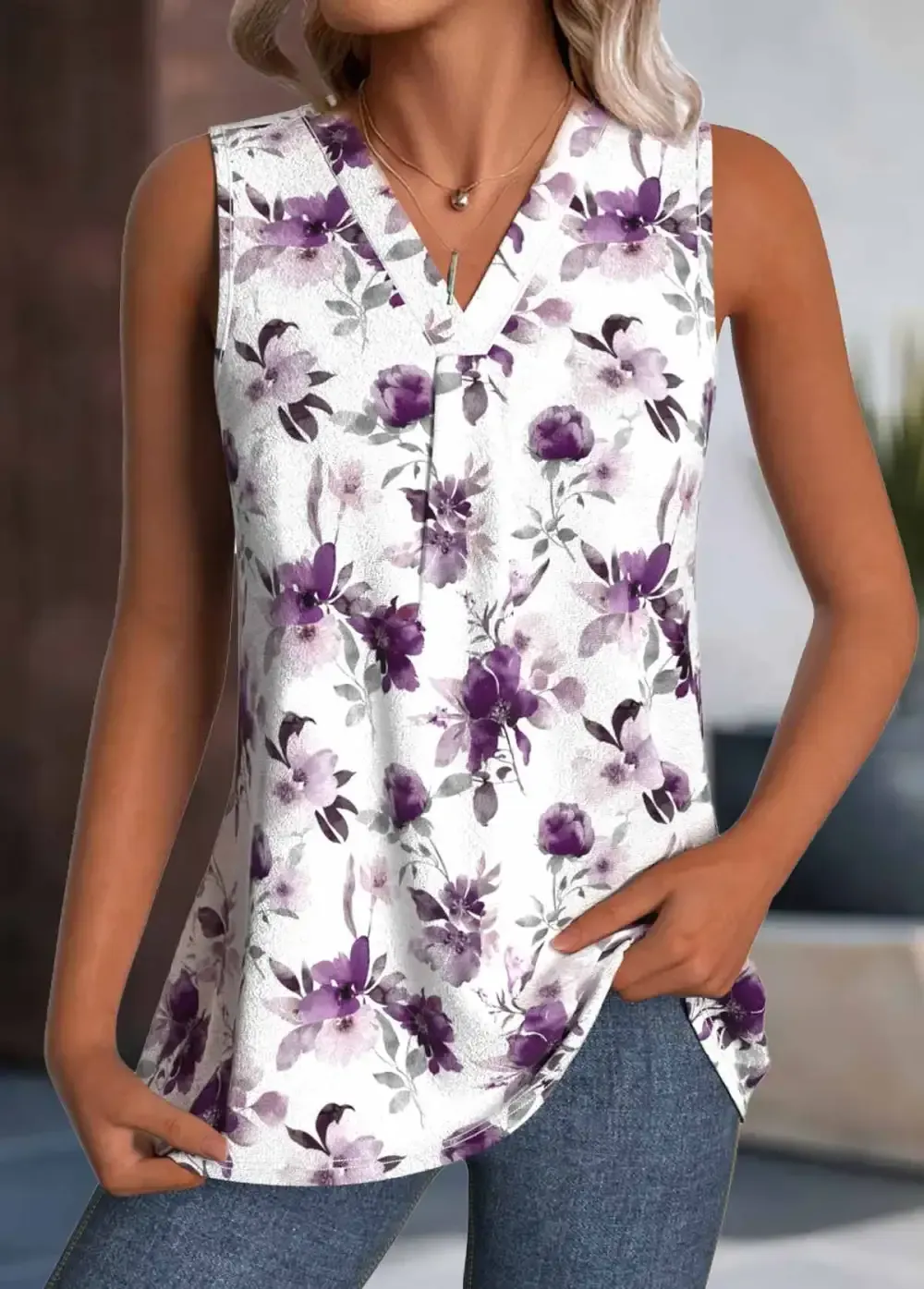 White Floral Print Sleeveless V Neck Tank Top