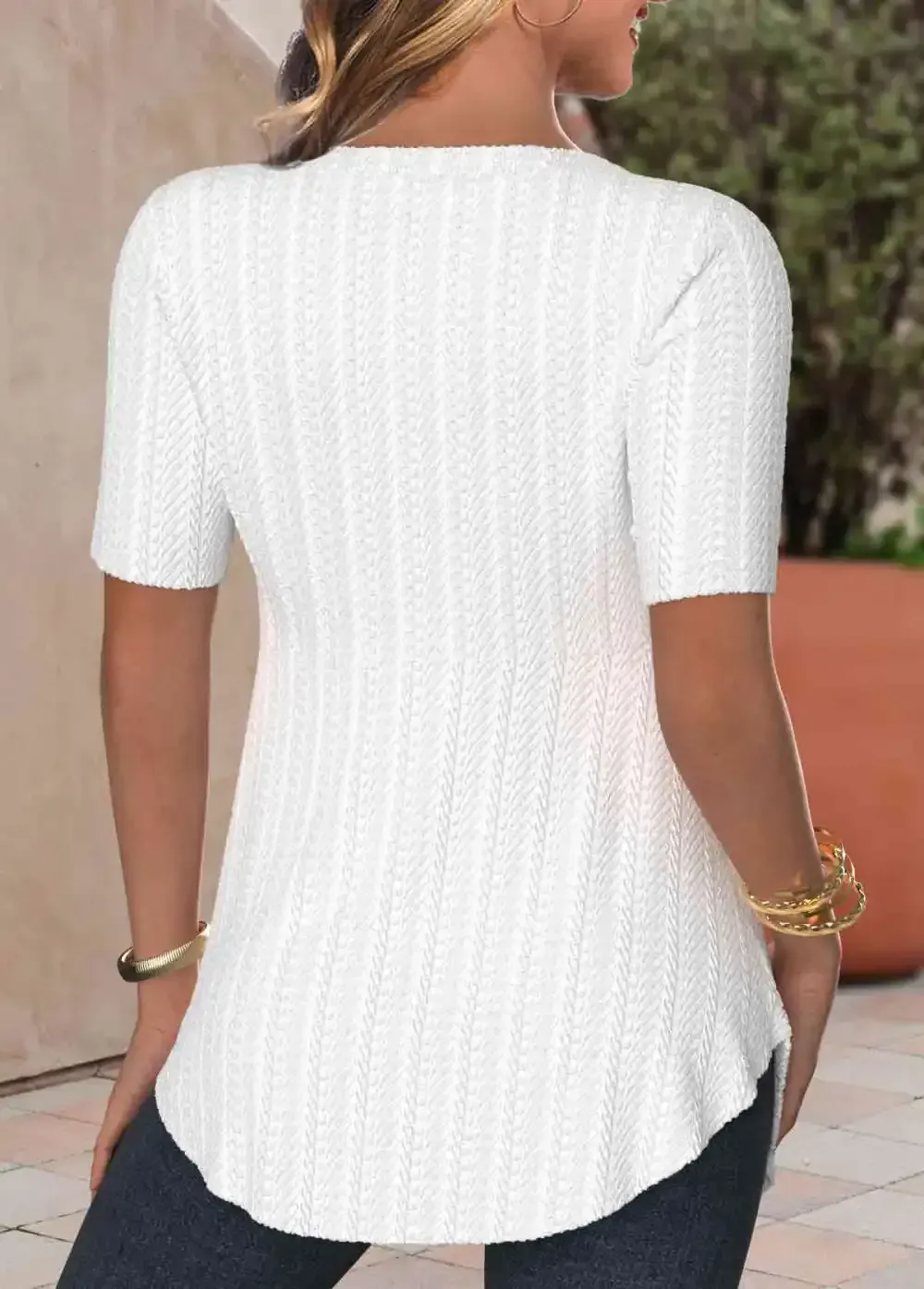 White Textured Fabric Short Sleeve Fake Two Piece Twinset
