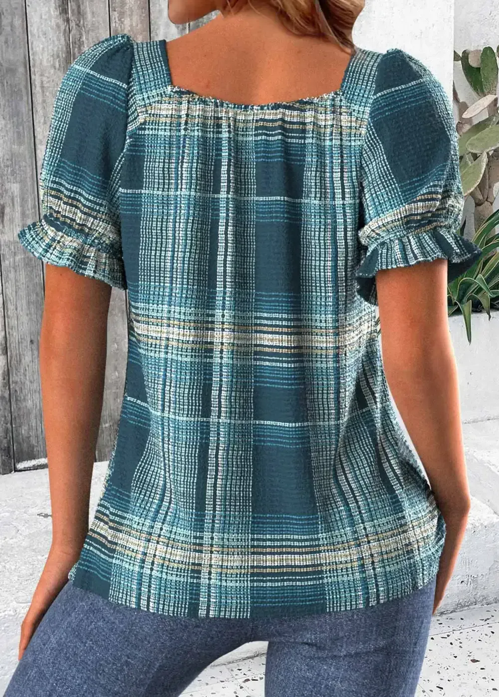 Cyan Plaid Half Sleeve Square Neck T Shirt