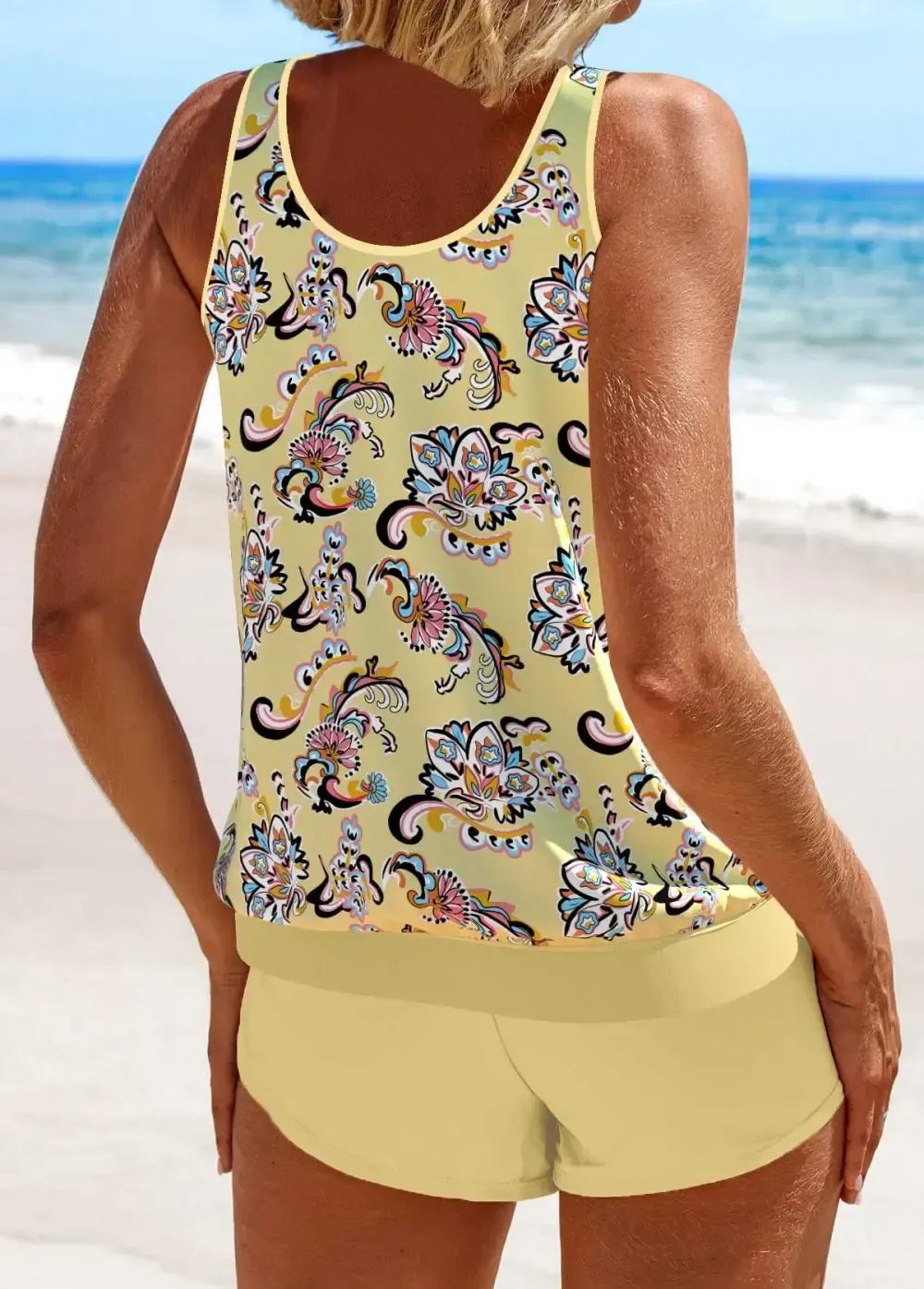 Patchwork Tribal Print Light Yellow Tankini Set