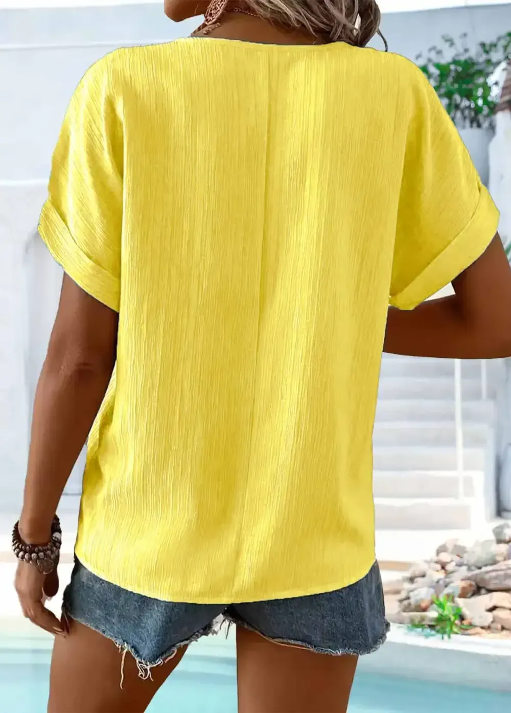 Yellow Button Short Sleeve Split Neck T Shirt