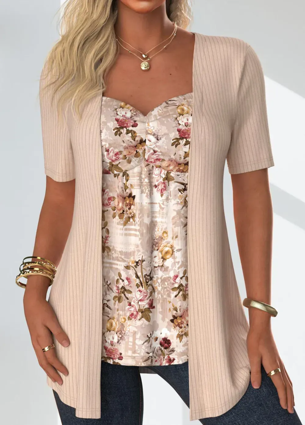 Skin Color Floral Print Fake Two Piece Twinset