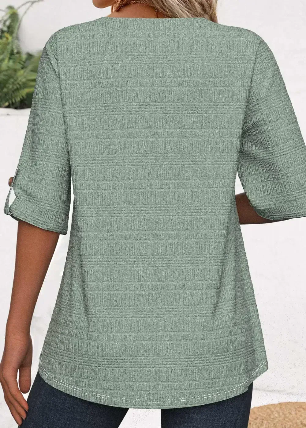 Green Button 3/4 Sleeve Split Neck Blouse