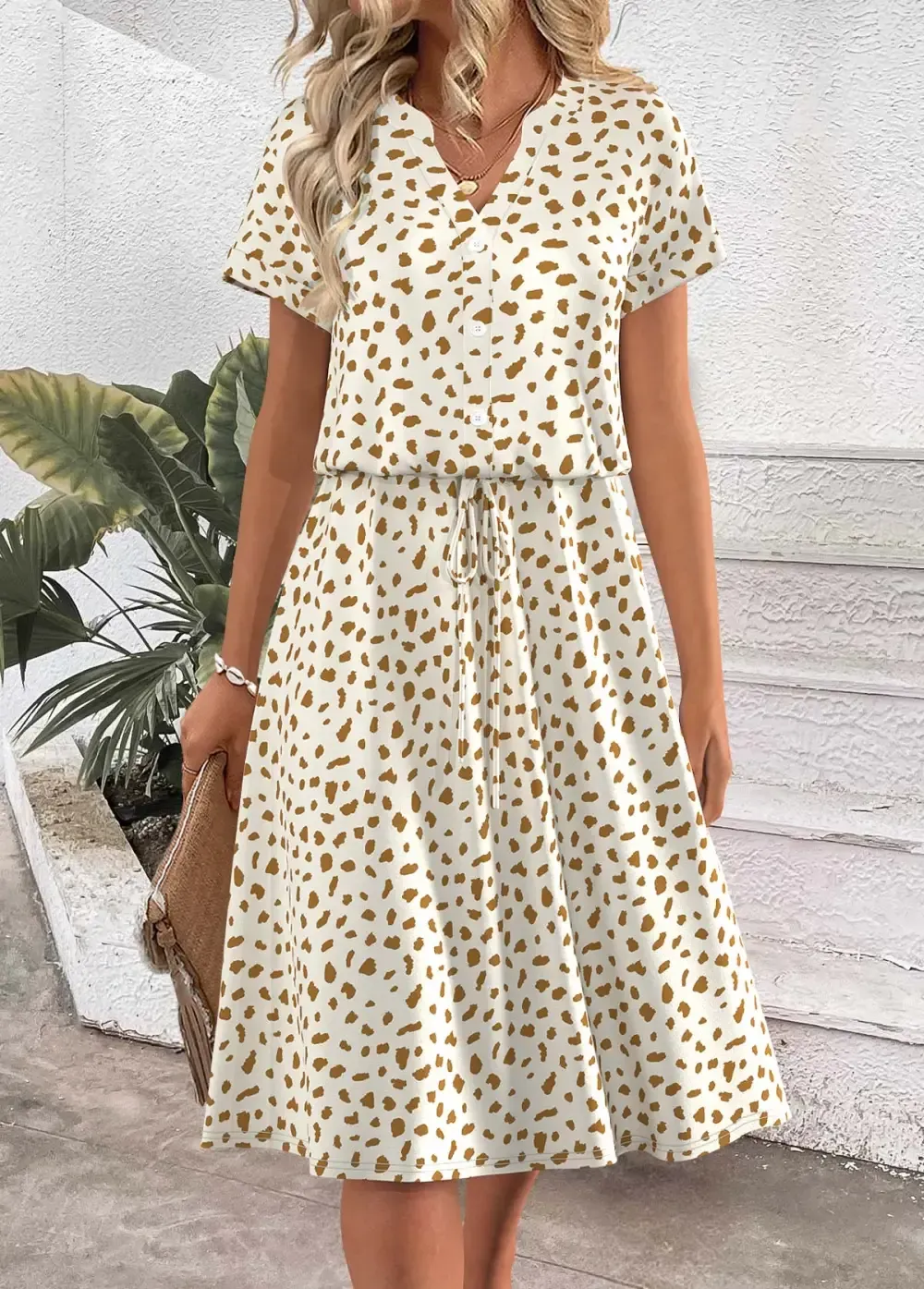 White Polka Dot Short Sleeve Split Neck Dress