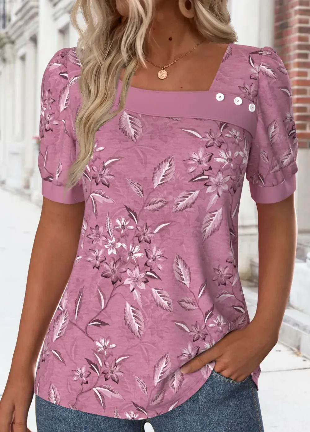 Dark Reddish Purple Asymmetry Floral Print T Shirt