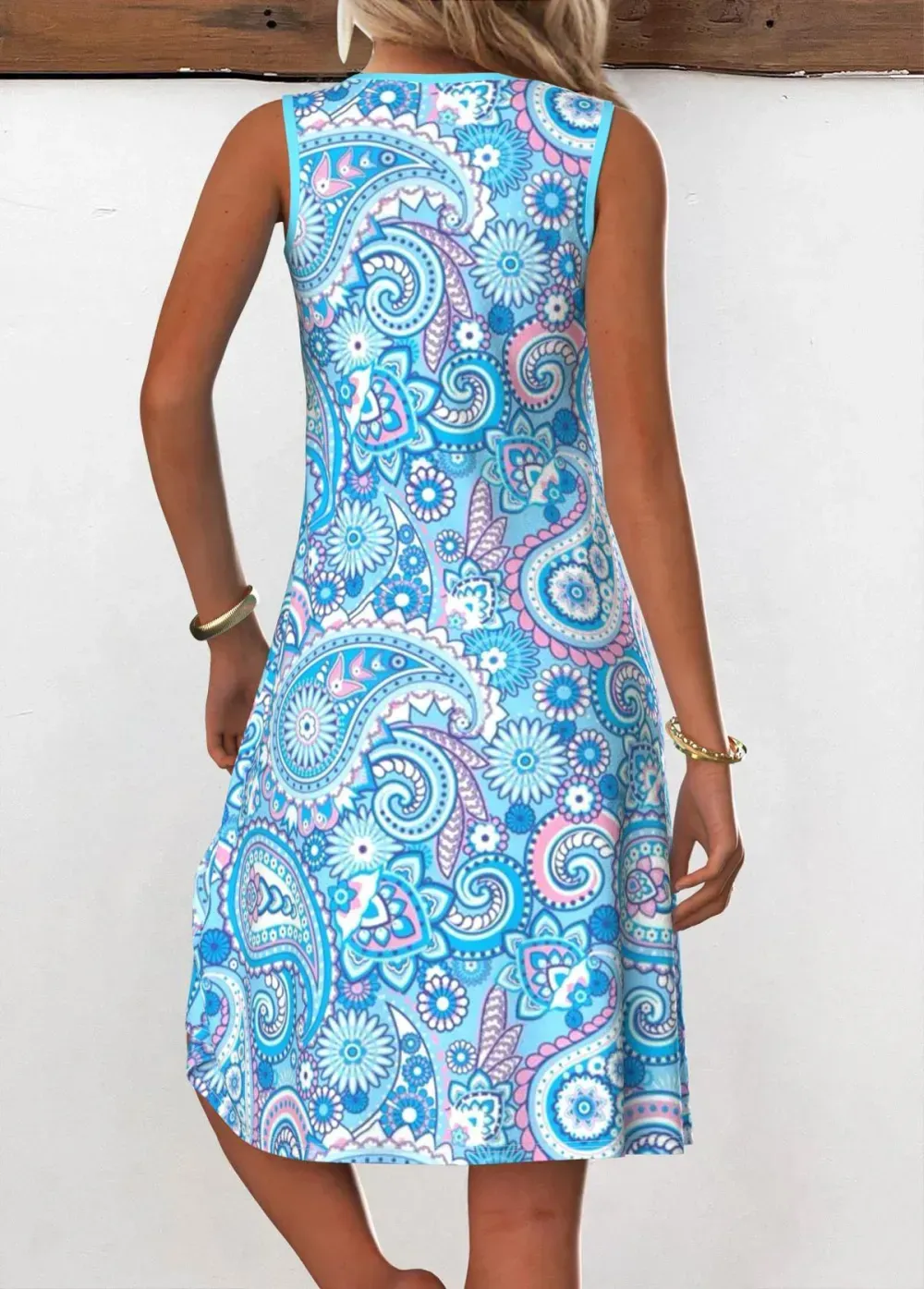 Light Blue Eyelet Tribal Print A Line Sleeveless Dress