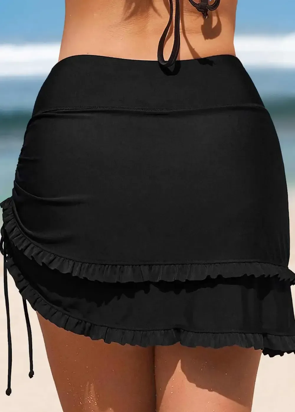 High Waisted Frill Black Swim Skirt