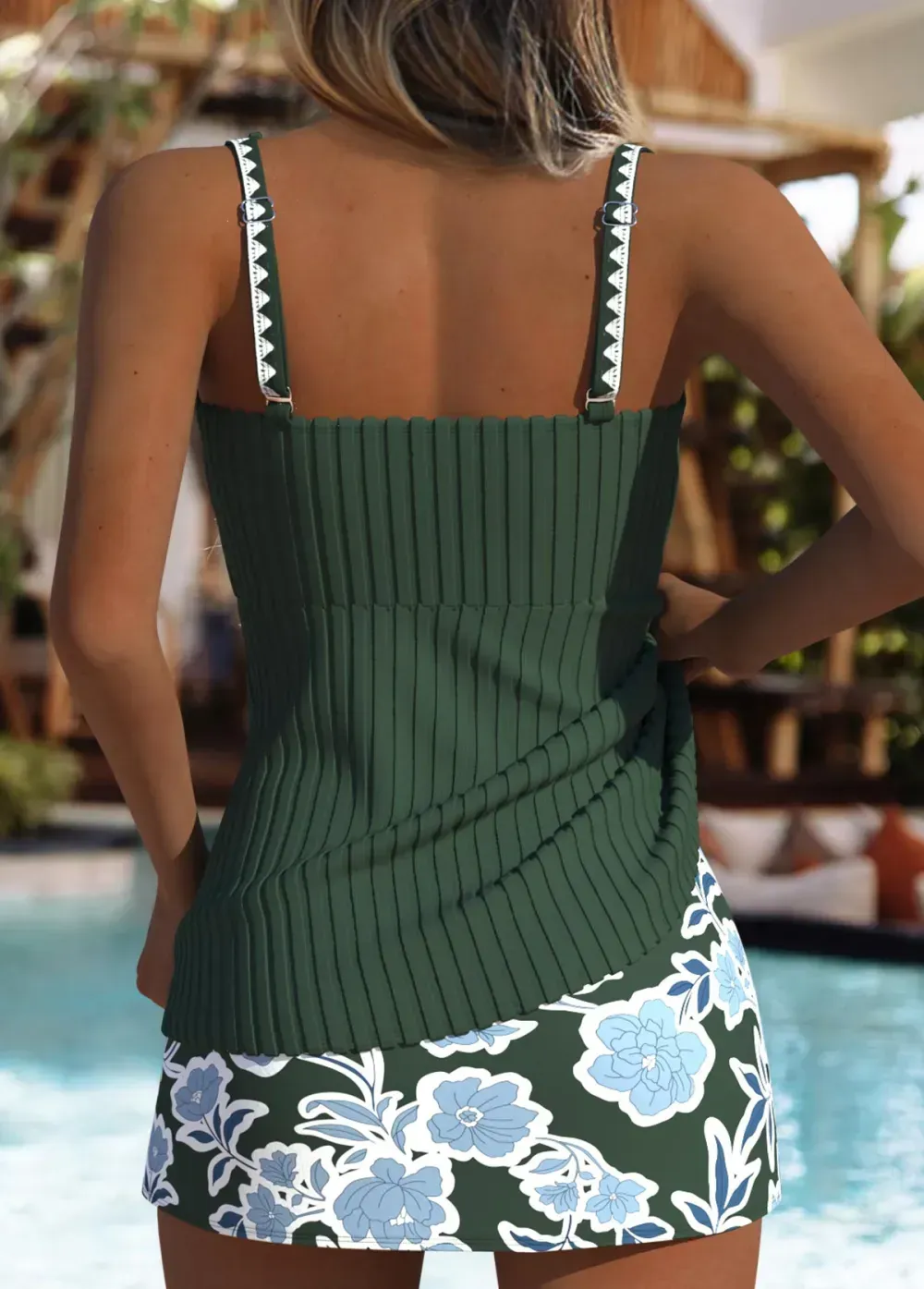 Mid Waisted Floral Print Blackish Green Tankini Set