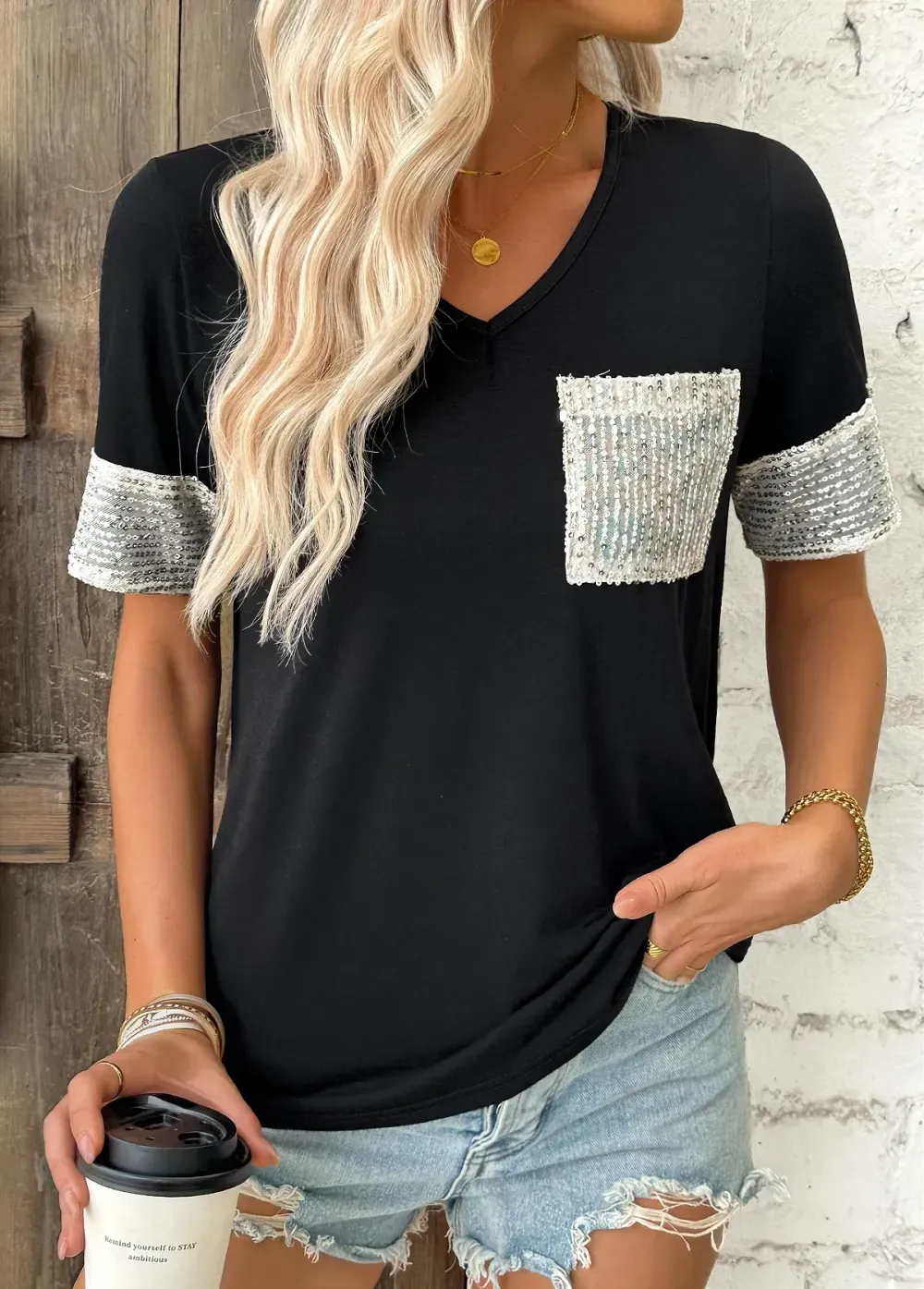 Black Short Sleeve V Neck T Shirt