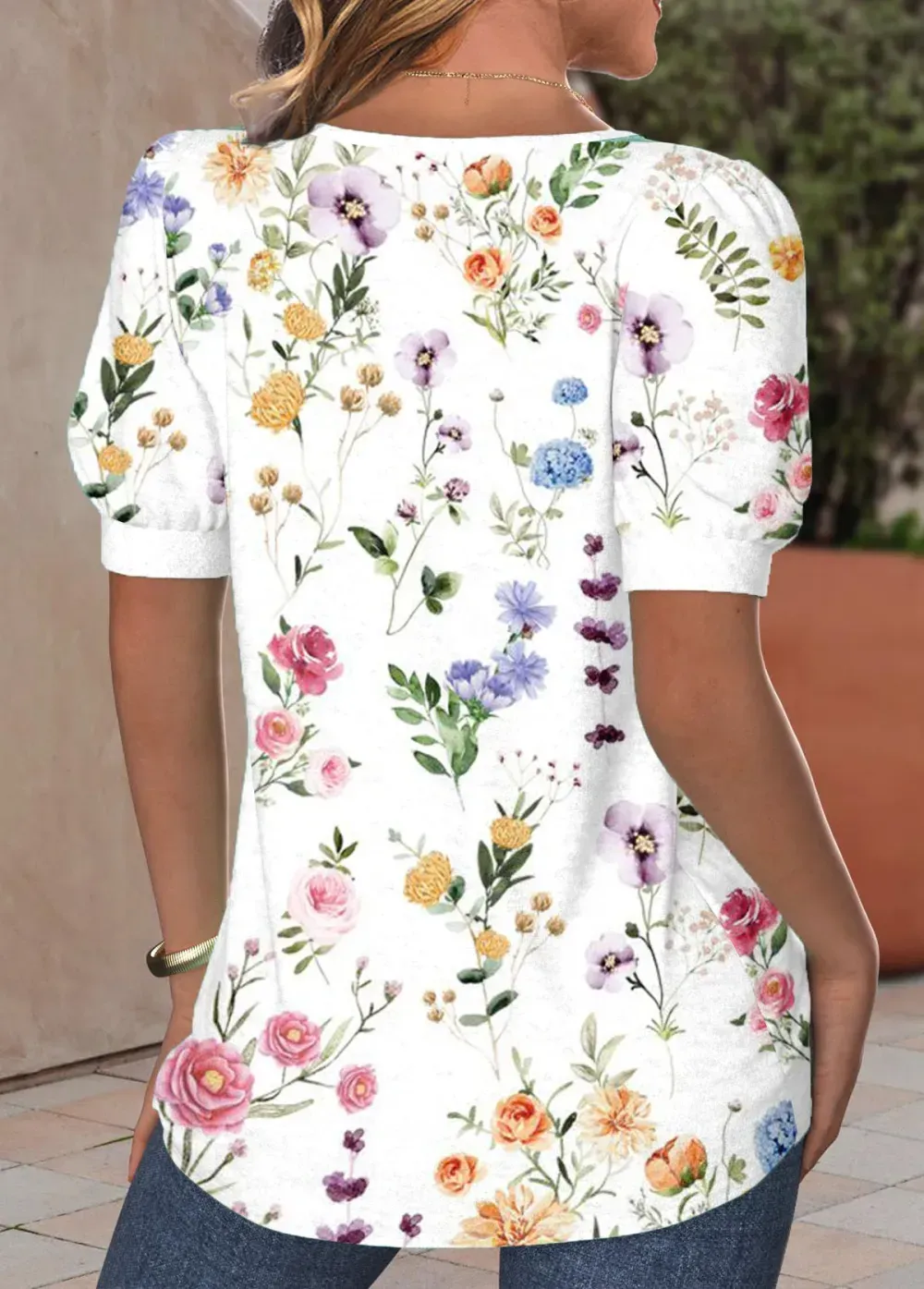 White Tuck Stitch Floral Print Short Sleeve T Shirt