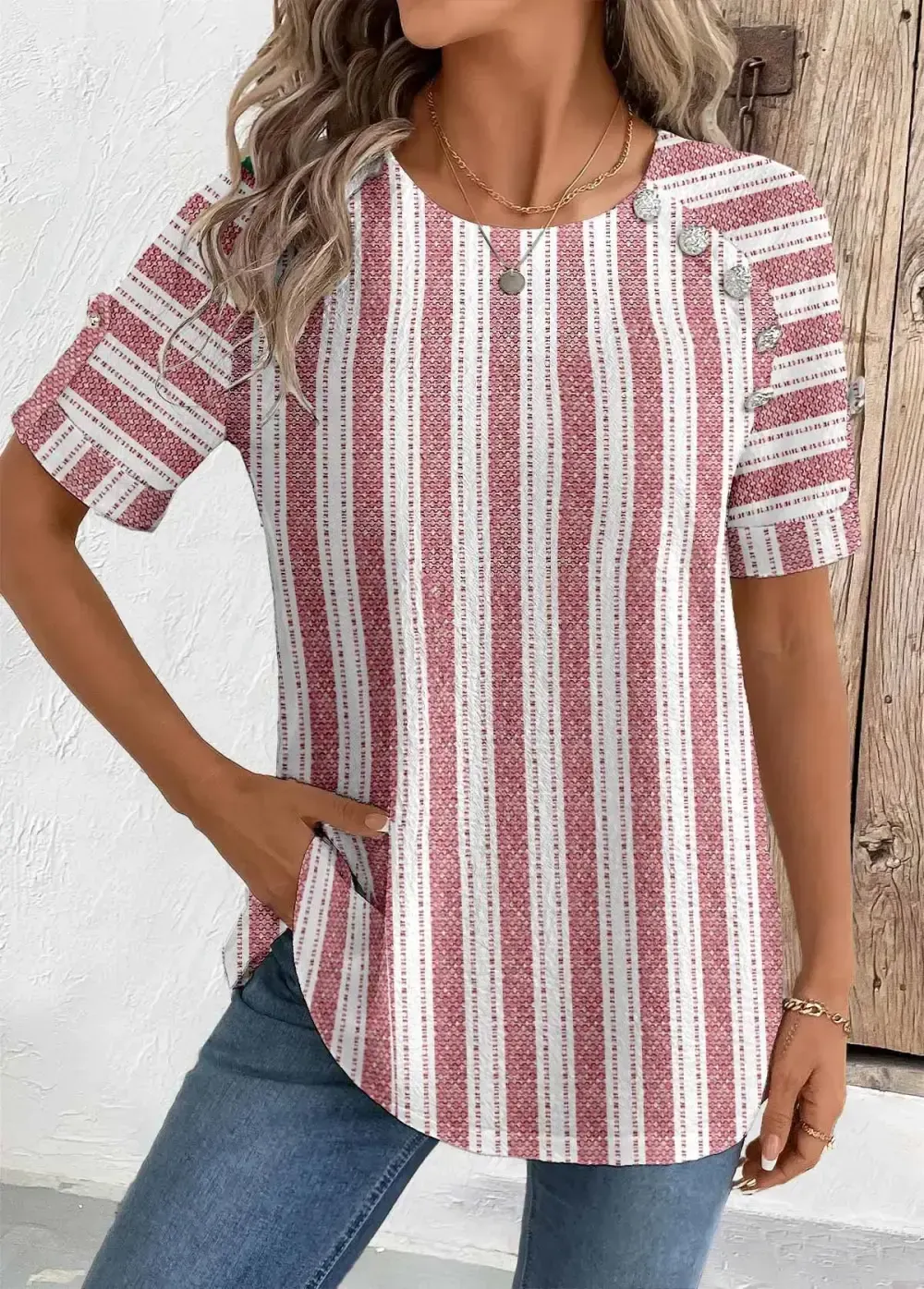 Brick Red Geometric Print Short Sleeve Round Neck Blouse