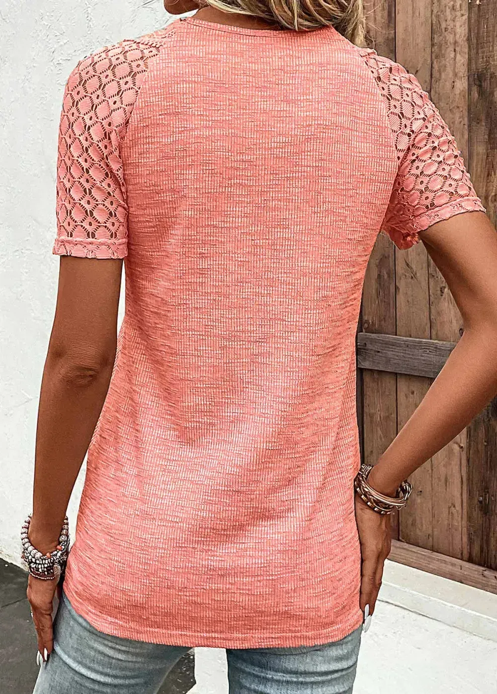 Orange Lace Short Sleeve V Neck T Shirt