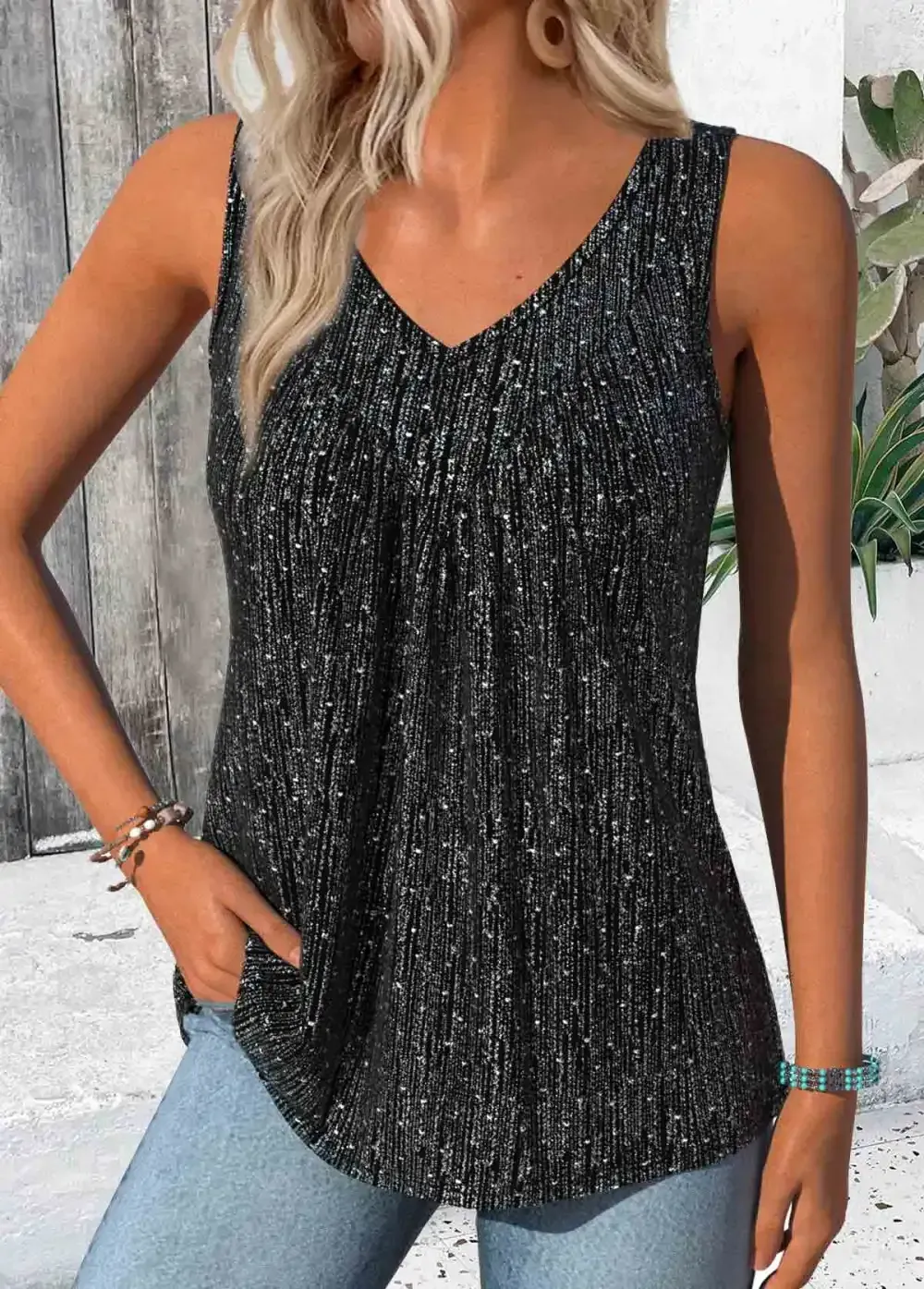 Black Sleeveless V Neck Tank Top