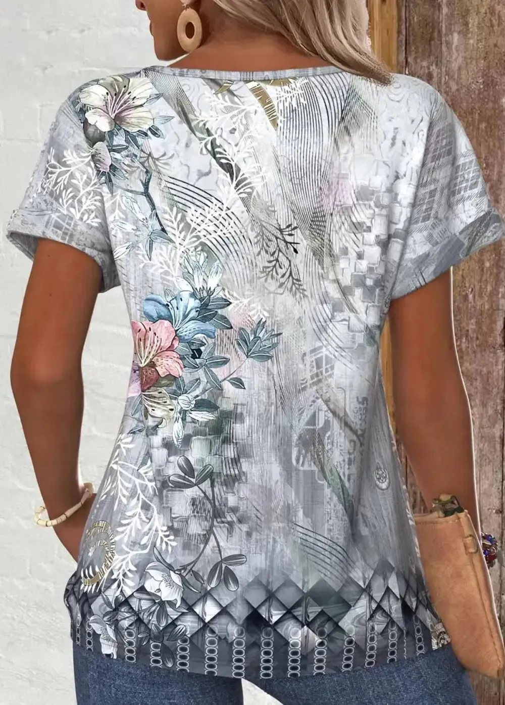 Grey Button Random Floral Print Short Sleeve T Shirt