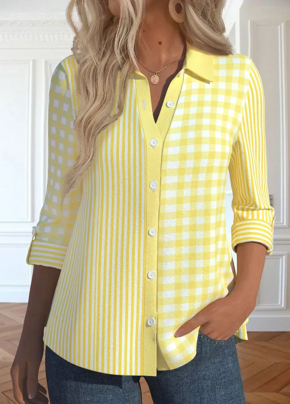 Light Yellow Patchwork Striped Long Sleeve Shirt