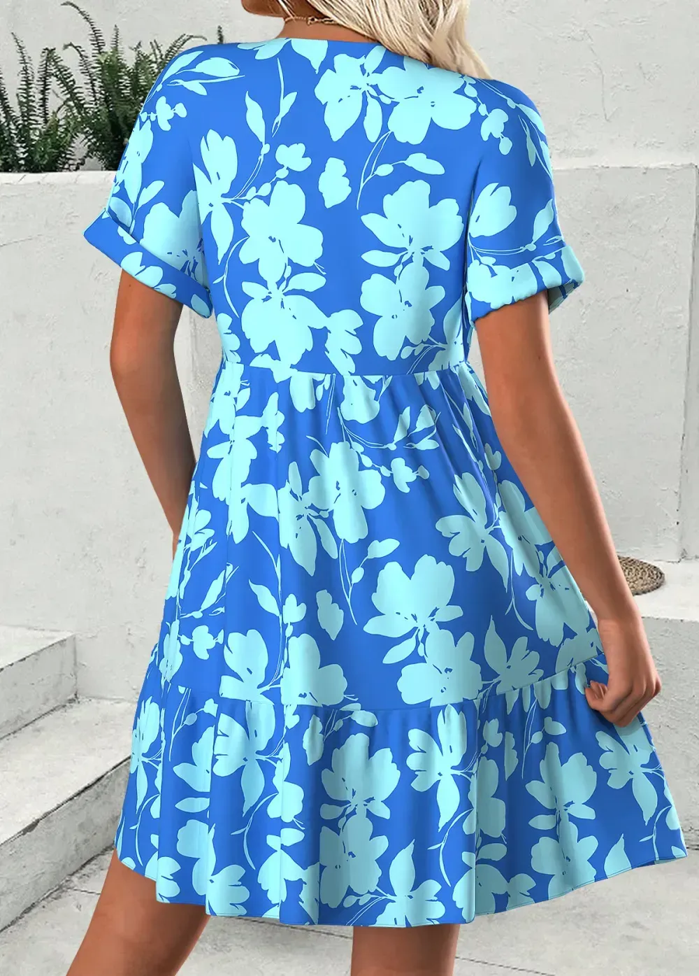 Blue Floral Print Short V Neck Dress