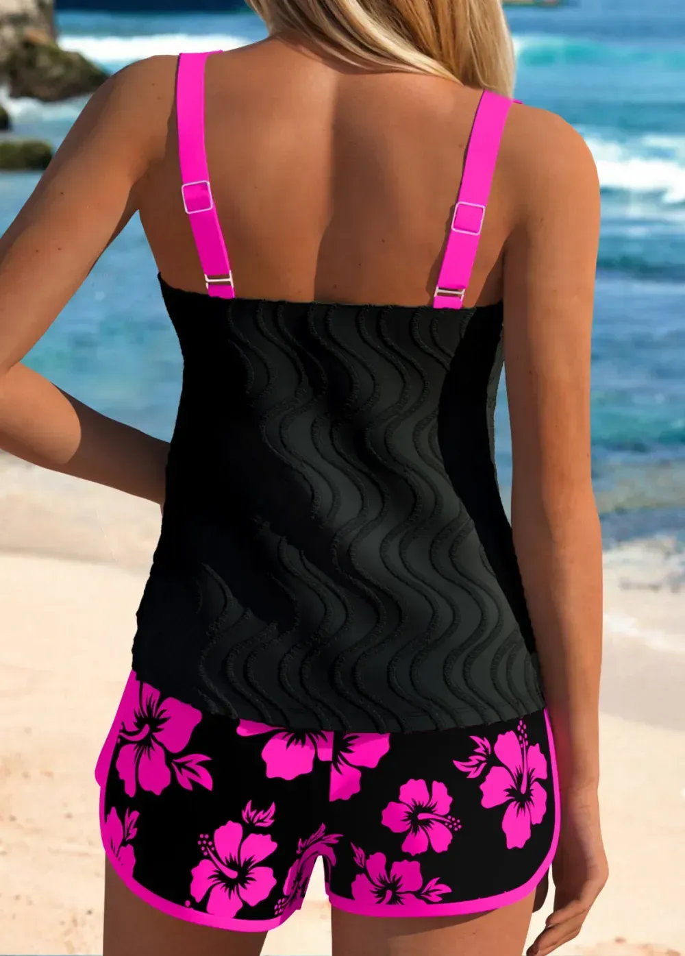 Contrast Binding Mid Waisted Floral Print Tankini Set