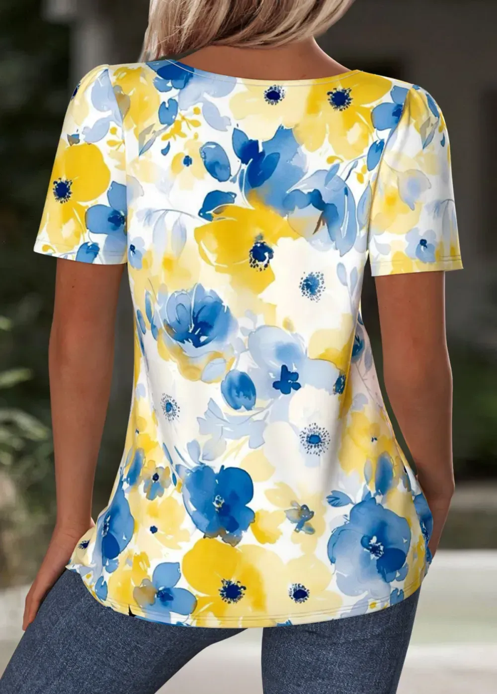 Blue Floral Print Short Sleeve Square Neck T Shirt