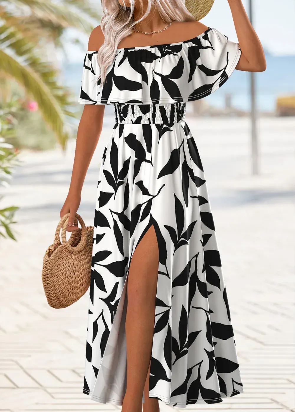 Multi Color Split Leaf Print Maxi Sleeveless Dress