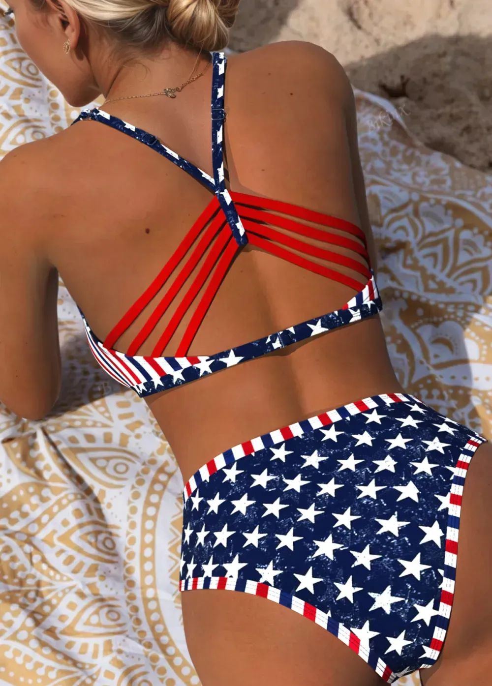 Mid Waisted American Flag Print Navy Bikini Set