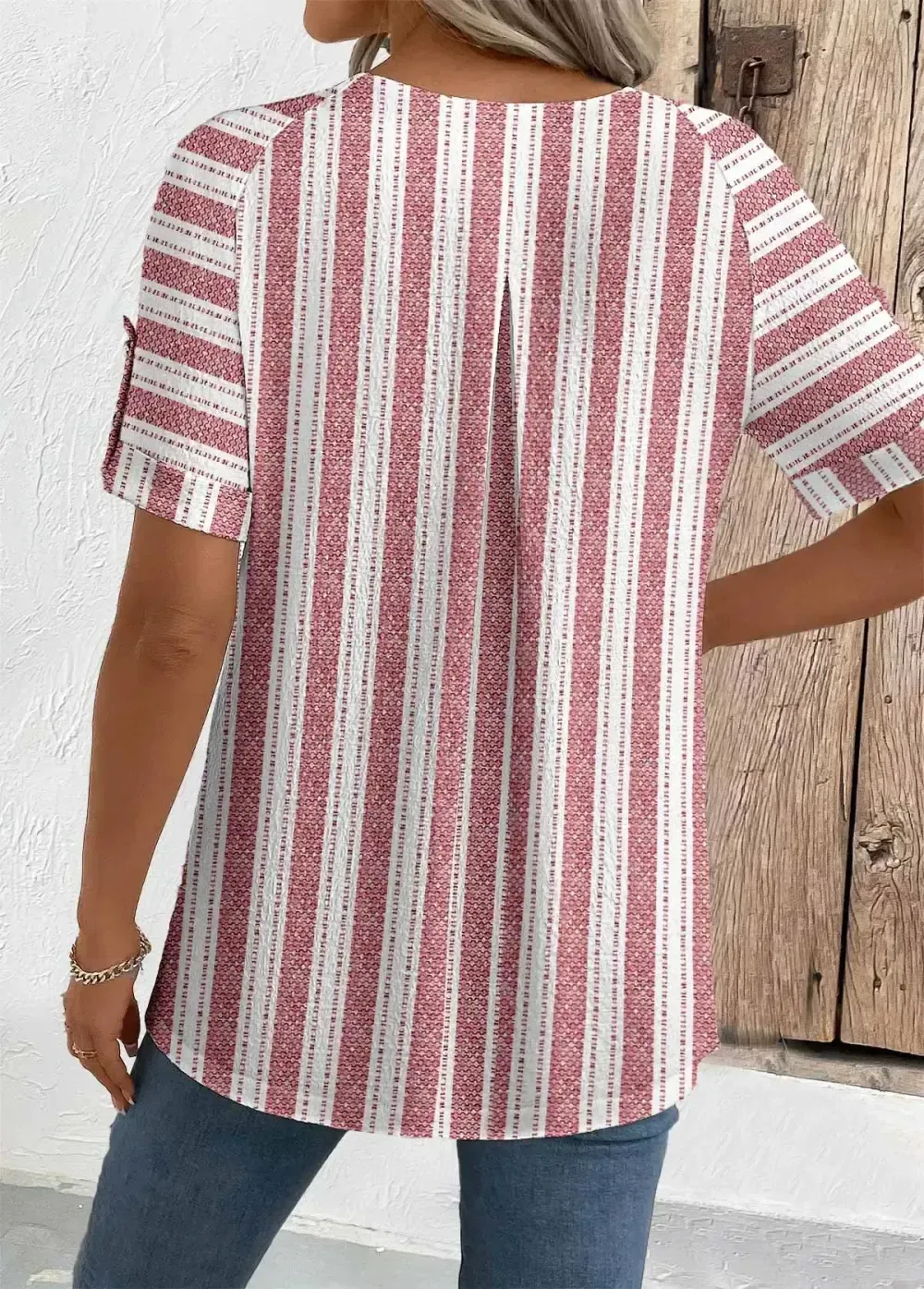 Brick Red Geometric Print Short Sleeve Round Neck Blouse