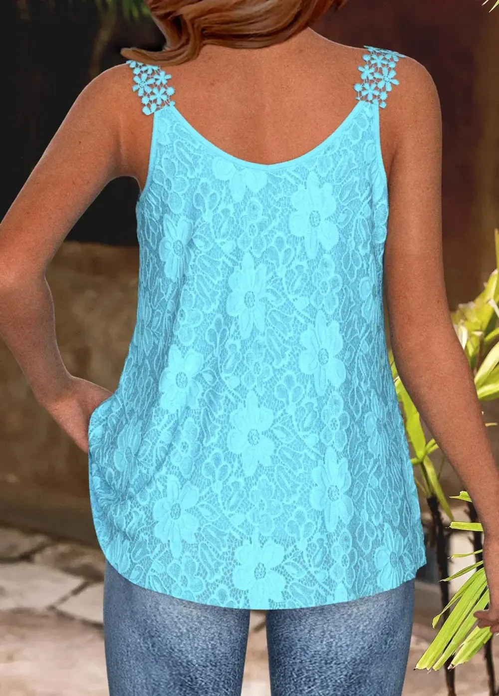 Light Blue Embroidery Strappy Scoop Neck Camisole Top