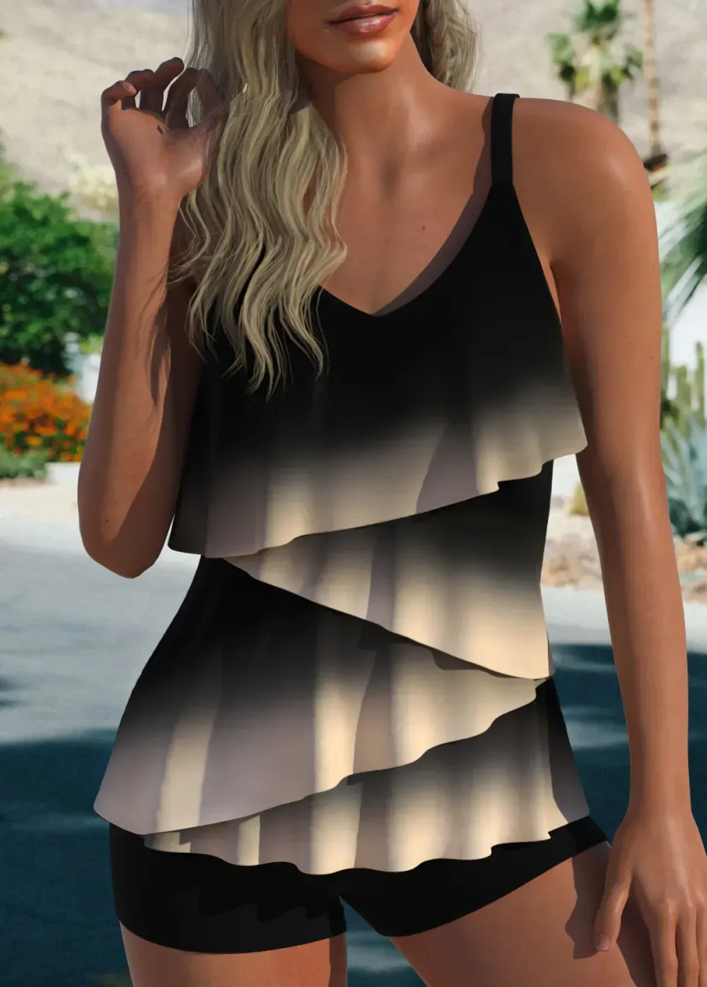 Asymmetry Layered Ombre Black Tankini Top