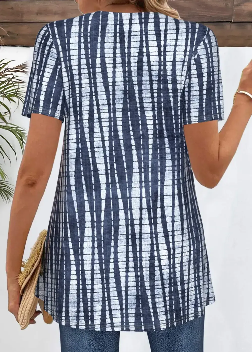 Navy Patchwork Tie Dye Print Fake Two Piece Twinset