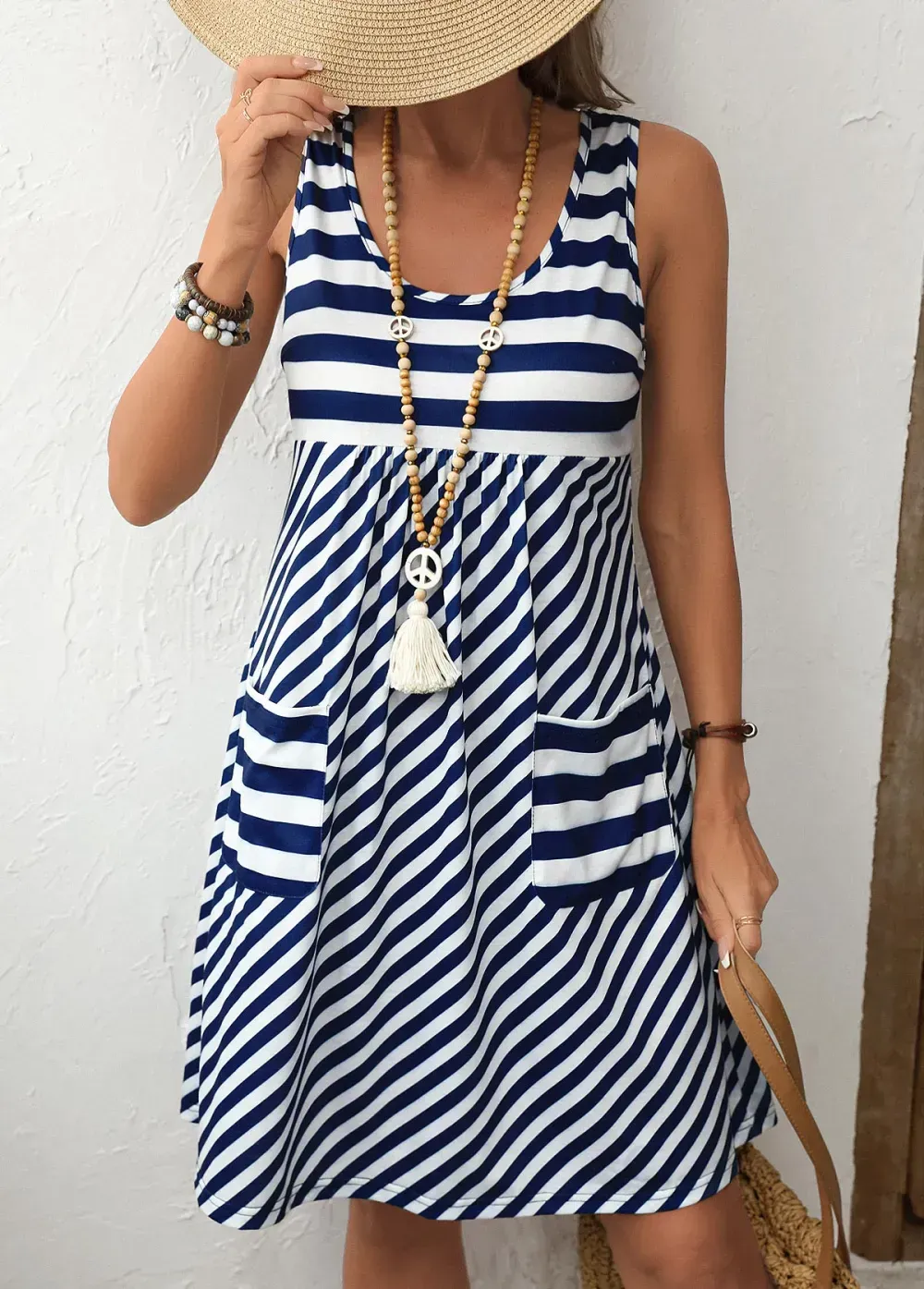 Navy Pocket Striped A Line Sleeveless Scoop Neck Dress