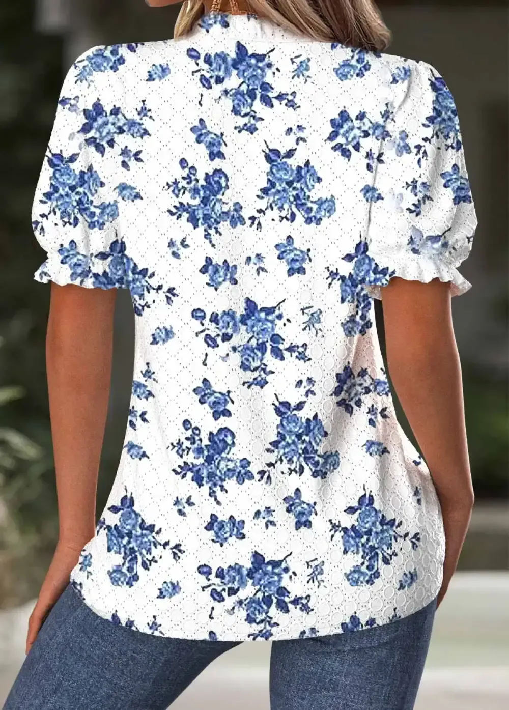 White Floral Print Short Sleeve Split Neck Blouse