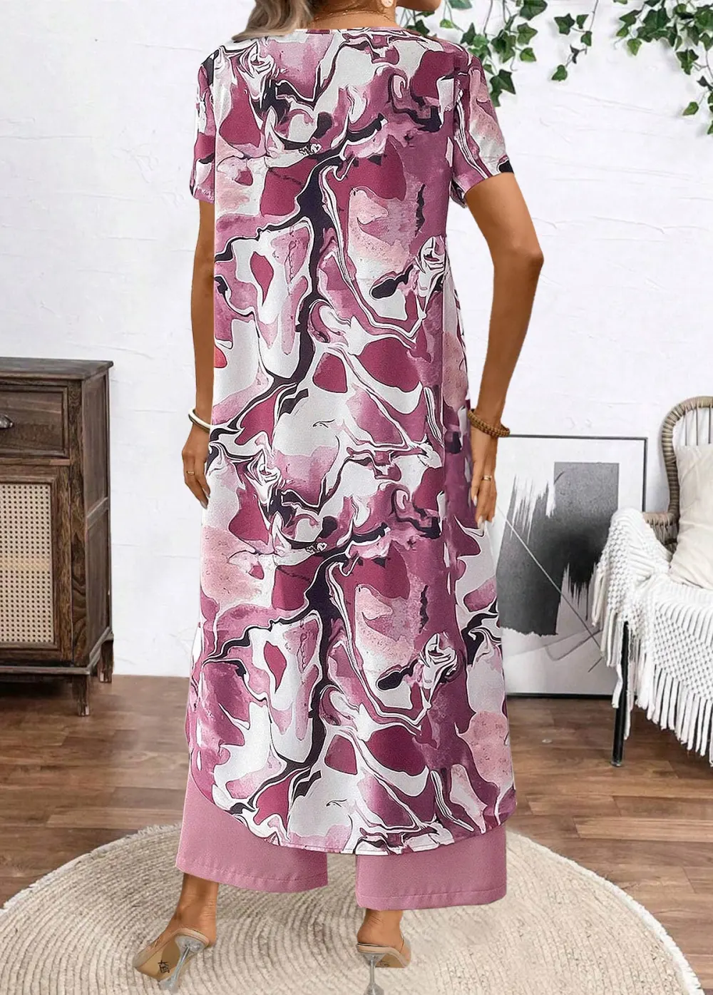 Dusty Purple Two Piece Floral Print Half Sleeve Top