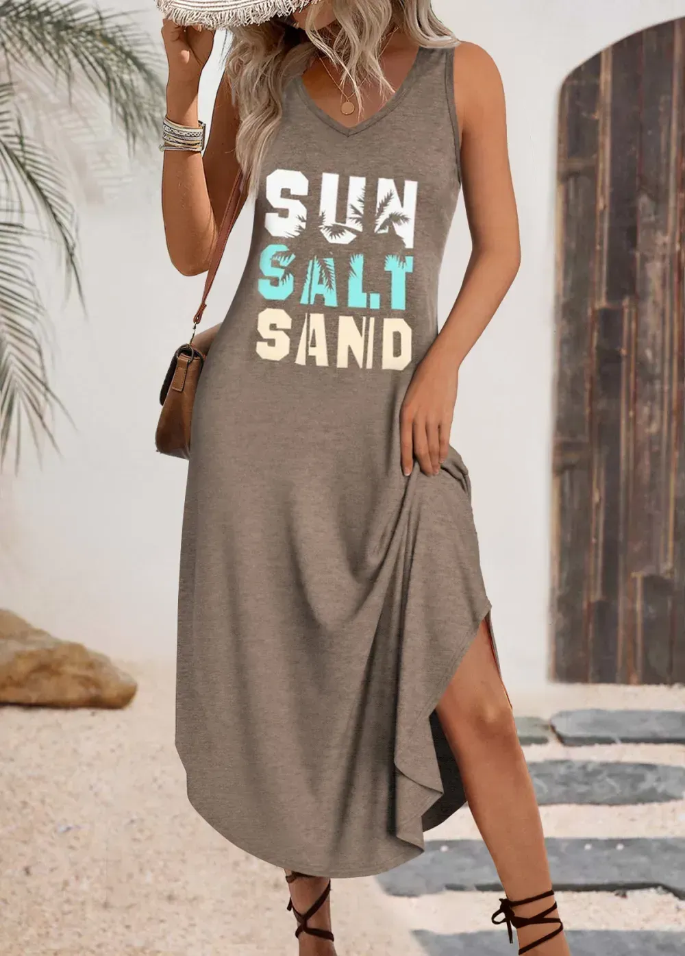 Gray Brown Letter Print Maxi A Line Sleeveless Dress