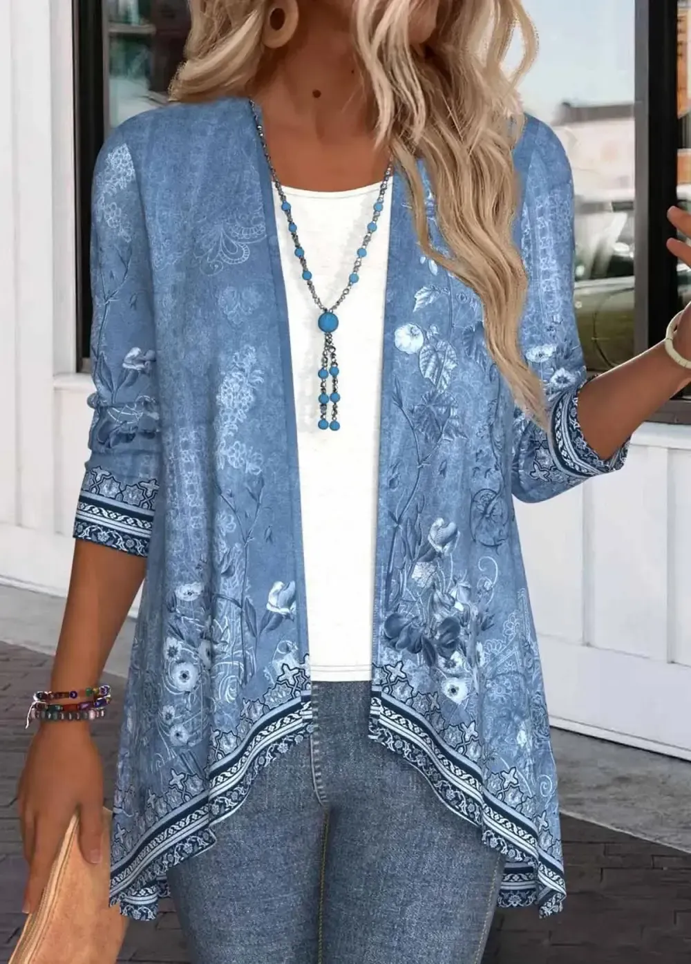 Denim Blue Patchwork Floral Print Long Sleeve Light Cardigan