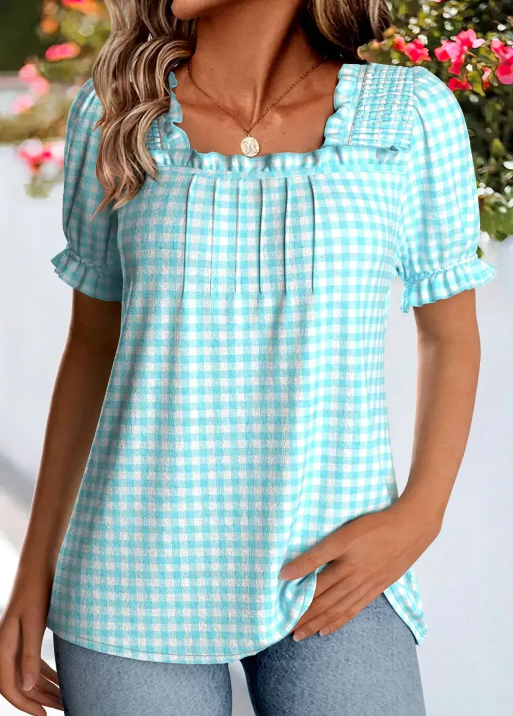 Blue Plaid Short Sleeve Square Neck Blouse