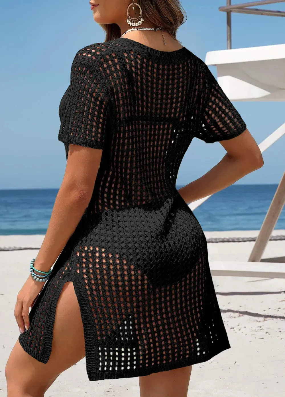 Black Pocket Short Sleeve Button Cover Up