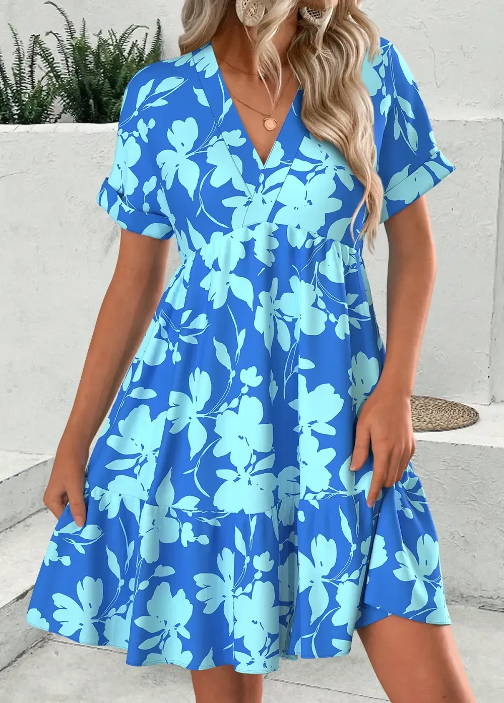 Blue Floral Print Short V Neck Dress