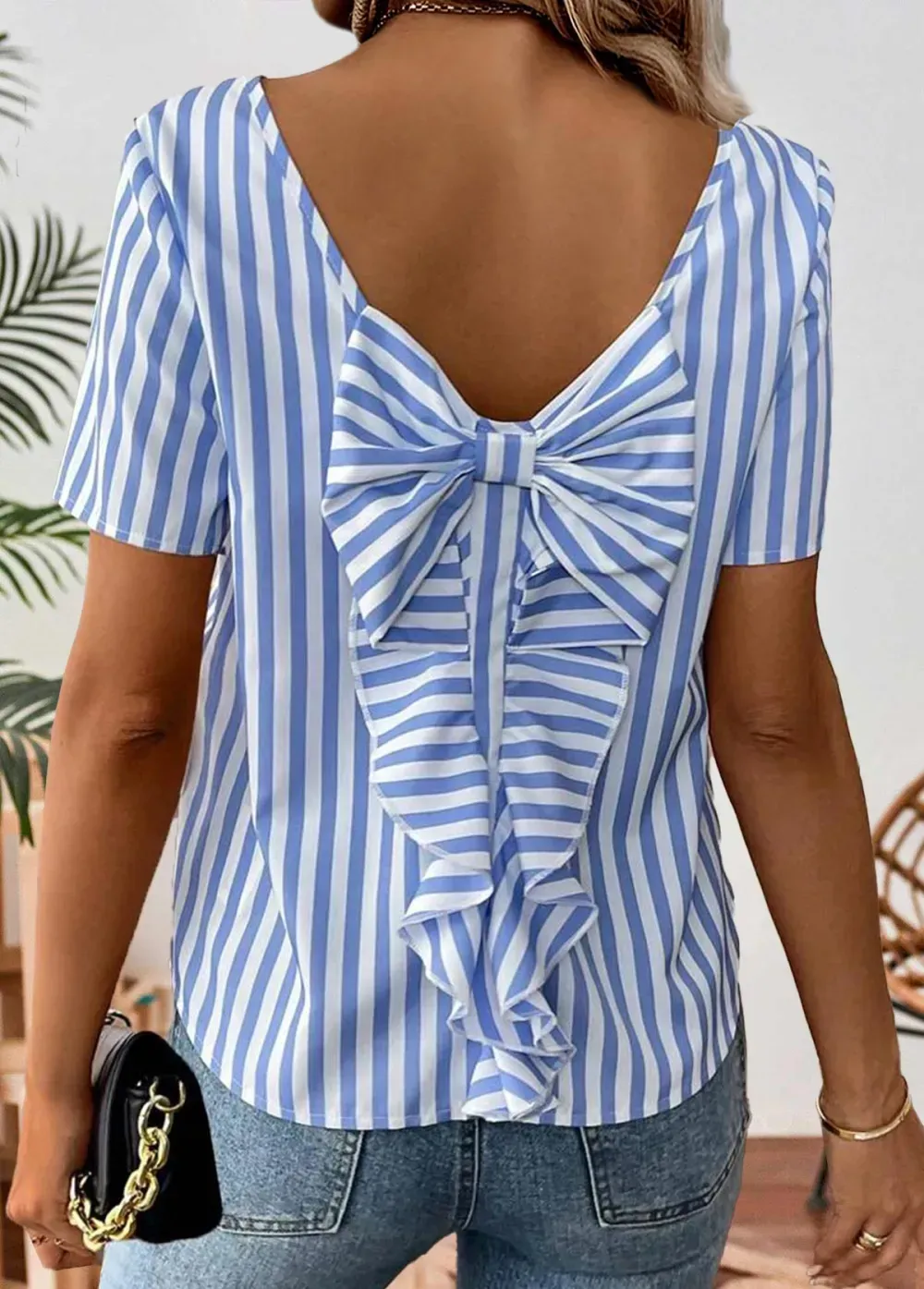 Light Blue Striped Short Sleeve Round Neck Blouse