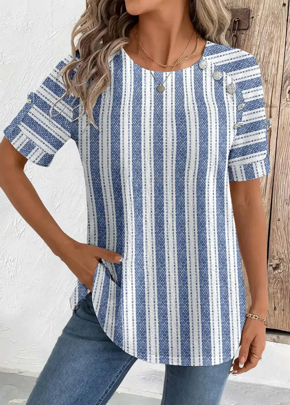 Blue Geometric Print Short Sleeve Round Neck Blouse