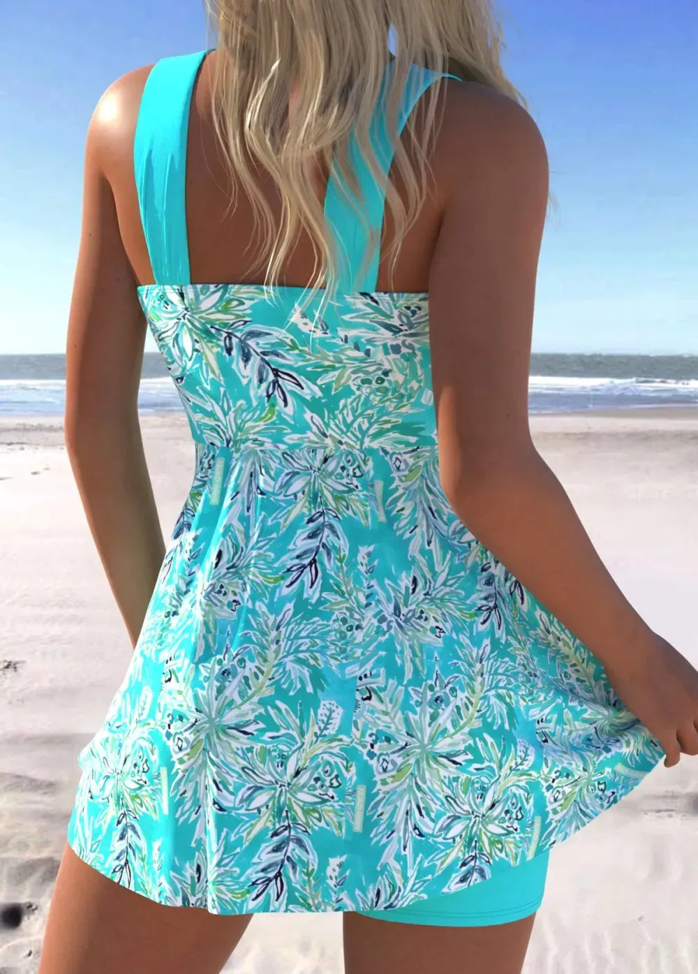 Surplice Leaf Print Cyan Swimdress and Shorts