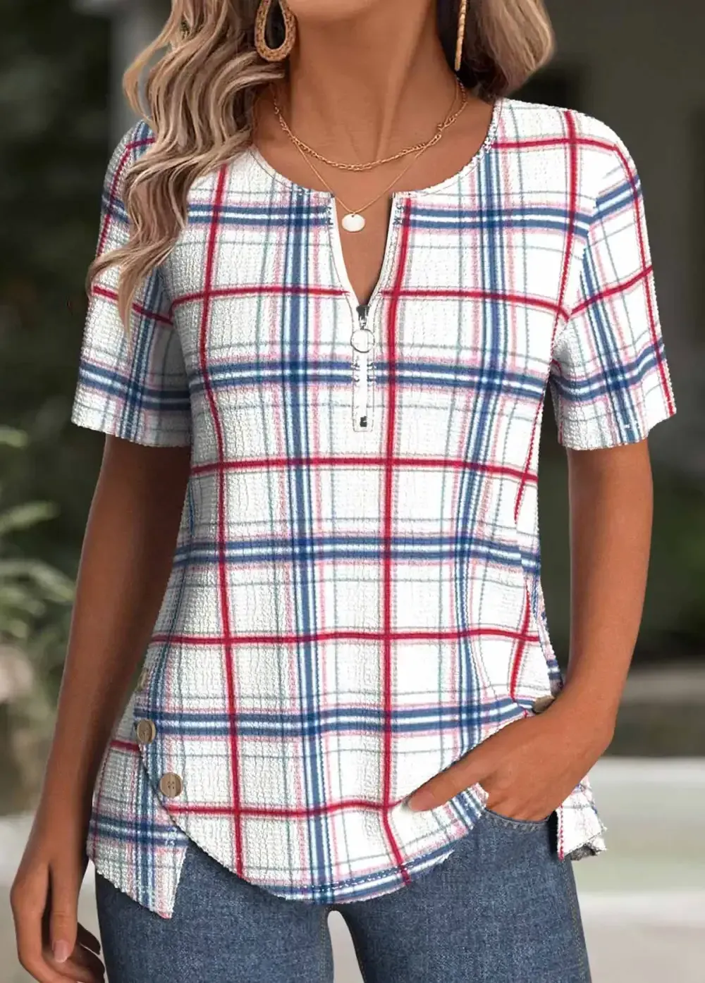 White Plaid Short Sleeve Round Neck T Shirt