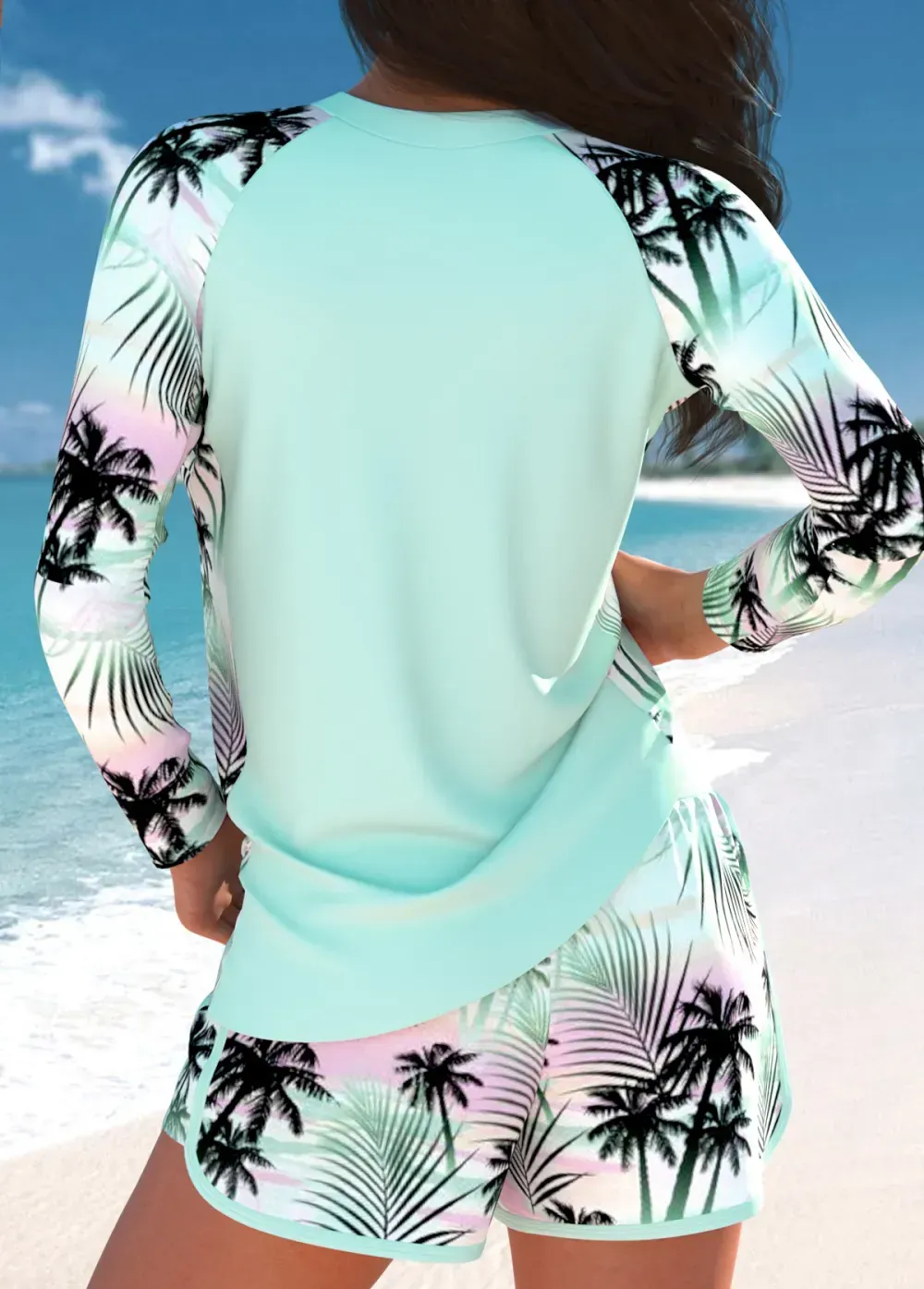 Patchwork Tropical Plants Print Mint Green Tankini Set
