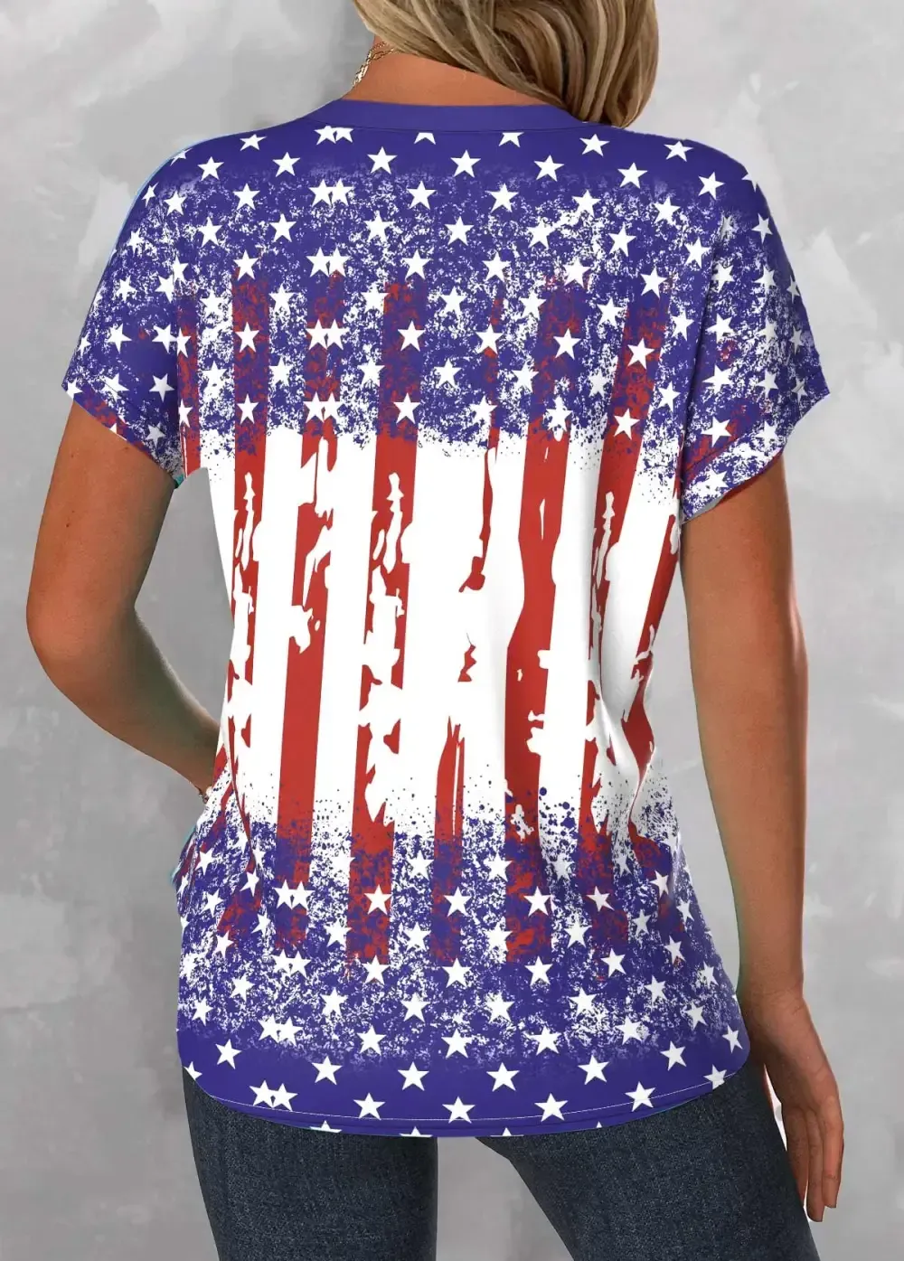 American Flag Blue Button Short Sleeve Split Neck Blouse