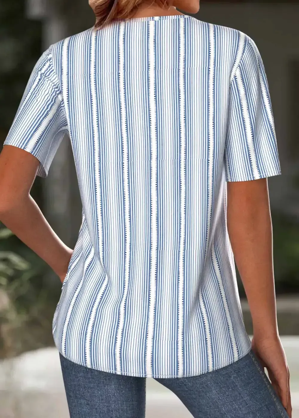 Light Blue Striped Short Sleeve Split Neck T Shirt