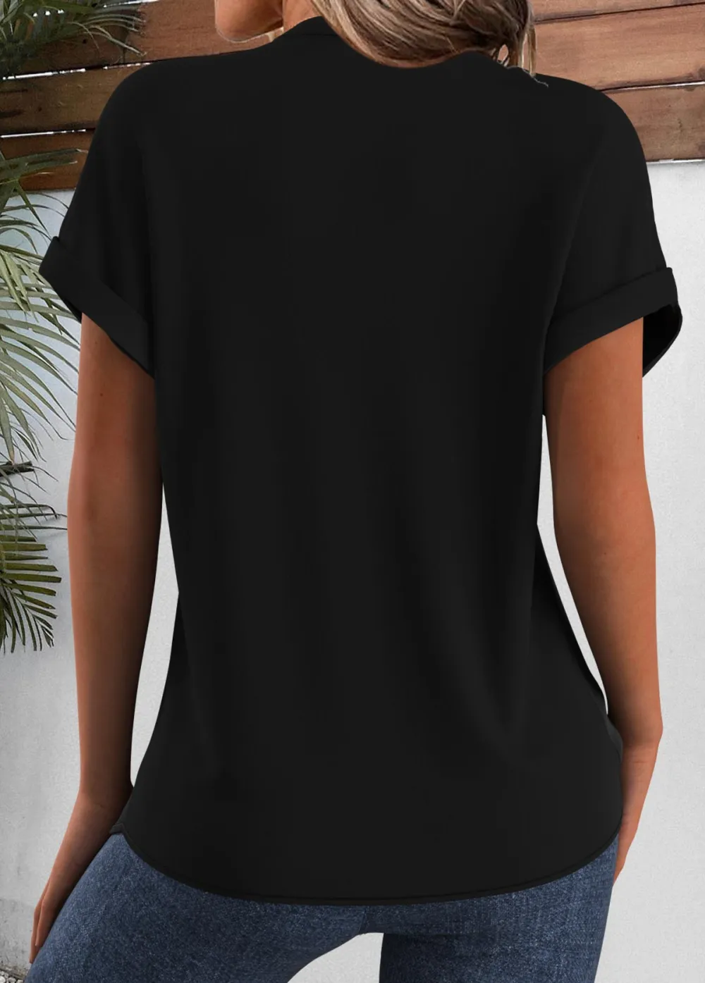 Black Tribal Print Short Sleeve Split Neck Blouse