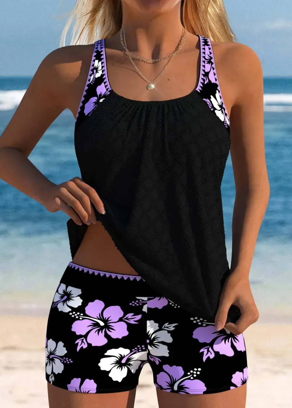 Mid Waisted Floral Print Light Purple Tankini Set