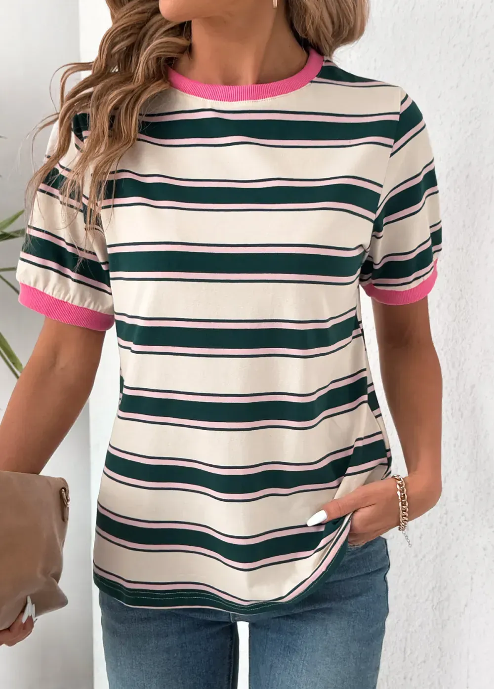 Multi Color Short Sleeve Round Neck T Shirt