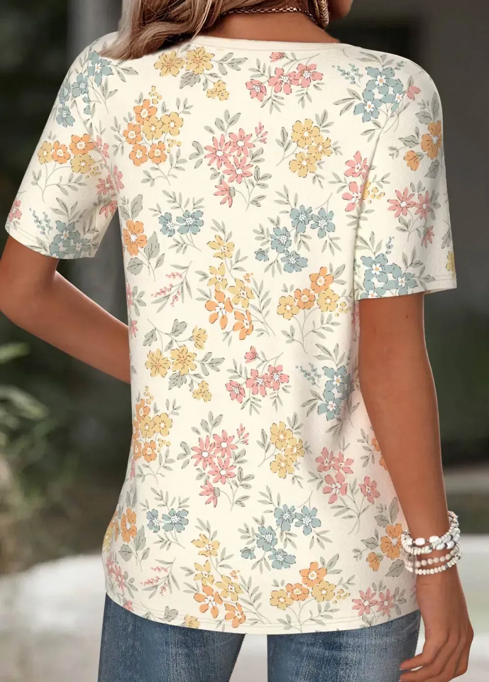 Beige Floral Print Short Sleeve Split Neck T Shirt